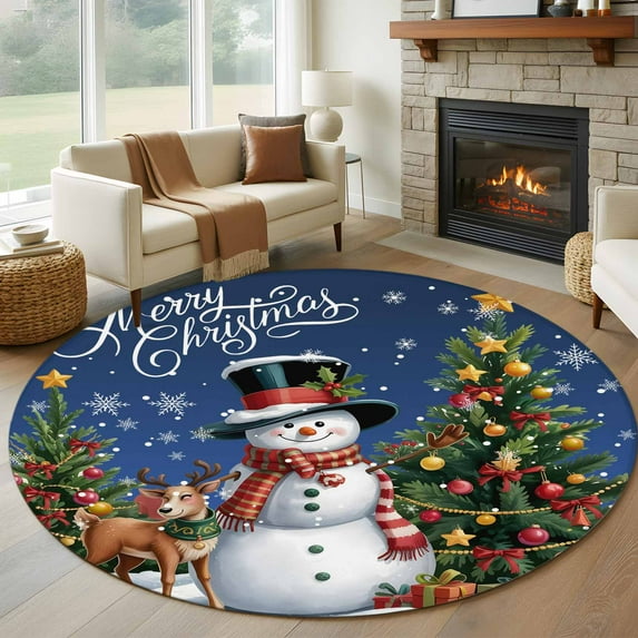 Round Rugs 7 Ft, Navy Blue Christmas Non Slip Area Rugs for Kitchen Bedroom Entryway, Snowman Xmas Tree Snowflake Gifts Elk Washable Carpet Runner Rug Floor Mats for Bedroom Home Decor