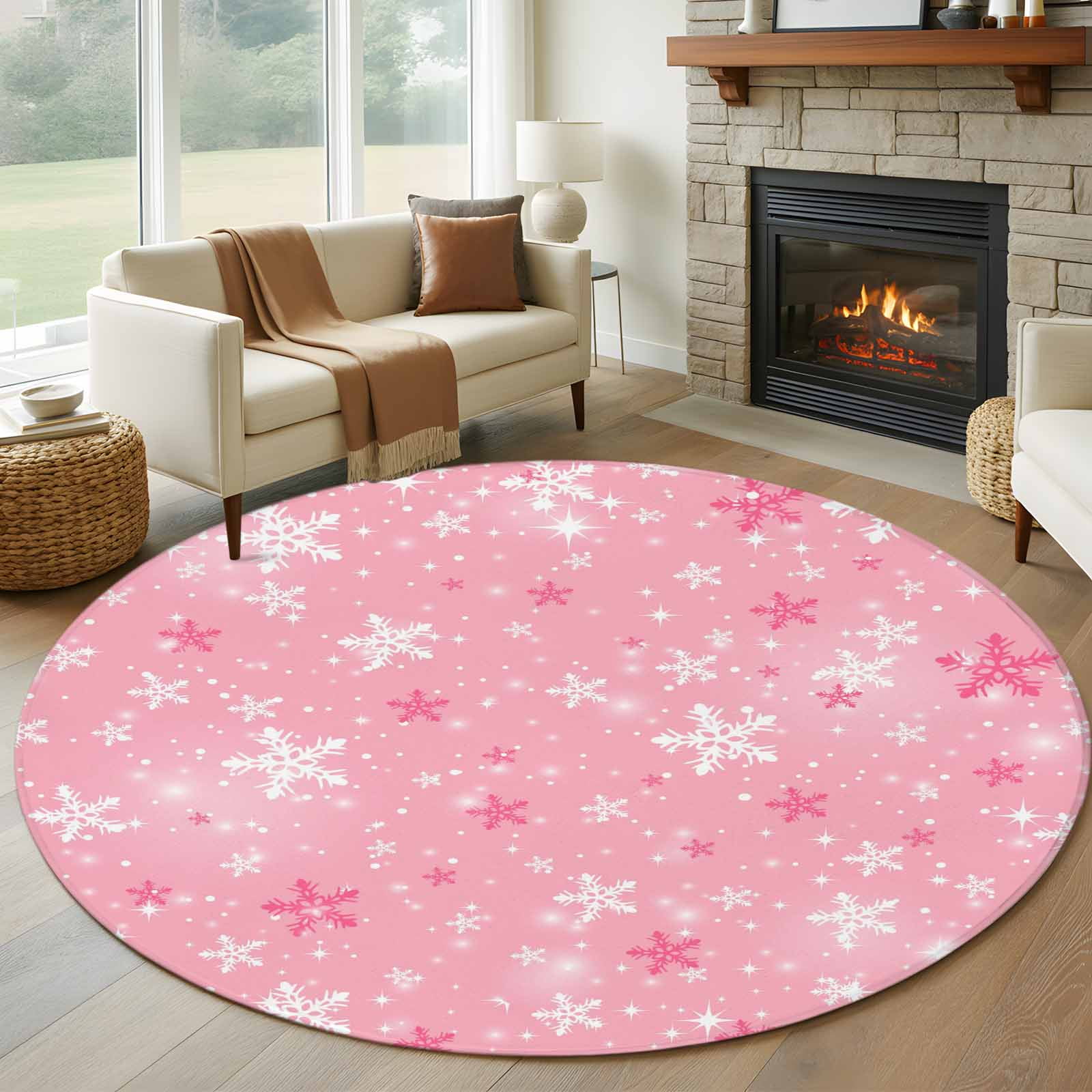 Round Rugs 7 Ft, Pink Snowflake Christmas Non Slip Area Rugs for ...