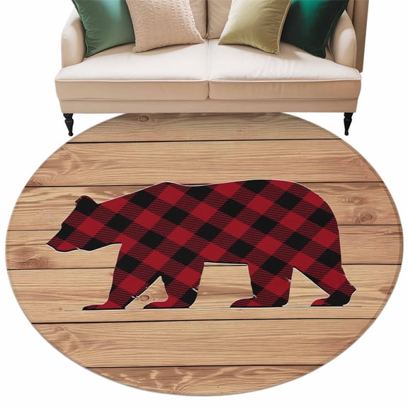 Round Rugs 7 Ft, Red Black Plaid Bear Non Slip Area Rugs for Kitchen Bedroom Entryway, Farmhouse Cabin Brown Wood Grain Washable Carpet Runner Rug Floor Mats for Bedroom Home Decor