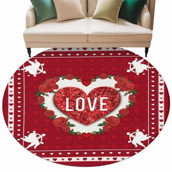 Round Rugs 7 Ft, Red Valentine's Day Non Slip Area Rugs for Kitchen Bedroom Entryway, Love Heart Spring Floral Roses Washable Carpet Runner Rug Floor Mats for Bedroom Home Decor