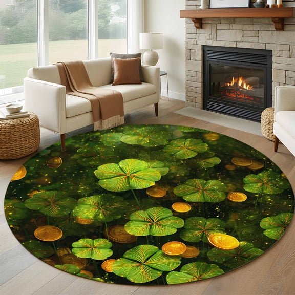Round Rugs 7 Ft, St. Patrick's Day Non Slip Area Rugs for Kitchen Bedroom Entryway, Spring Green Lucky Clovers Gold Coin Washable Carpet Runner Rug Floor Mats for Bedroom Home Decor