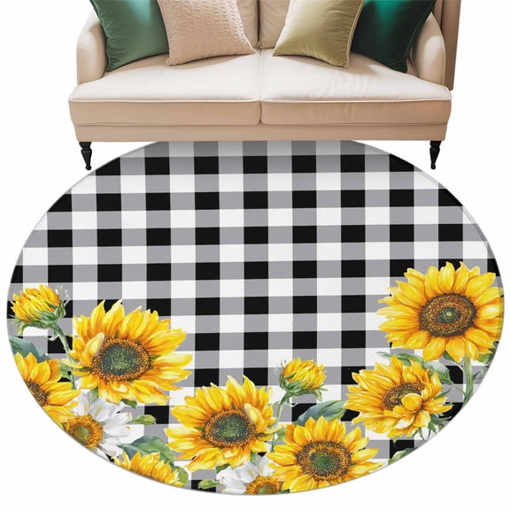 Round Rugs 7 Ft, Sunflower Non Slip Area Rugs for Kitchen Bedroom Entryway, Black White Check Country Yellow Floral Washable Carpet Runner Rug Floor Mats for Bedroom Home Decor