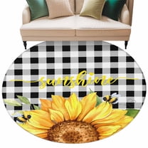 Round Rugs 7 Ft, Sunflowers Non Slip Area Rugs for Kitchen Bedroom Entryway, Black White Check Sunshine Buffalo Bee Washable Carpet Runner Rug Floor Mats for Bedroom Home Decor
