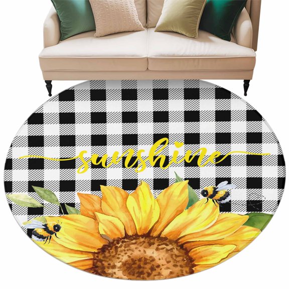 Round Rugs 7 Ft, Sunflowers Non Slip Area Rugs for Kitchen Bedroom Entryway, Black White Check Sunshine Buffalo Bee Washable Carpet Runner Rug Floor Mats for Bedroom Home Decor
