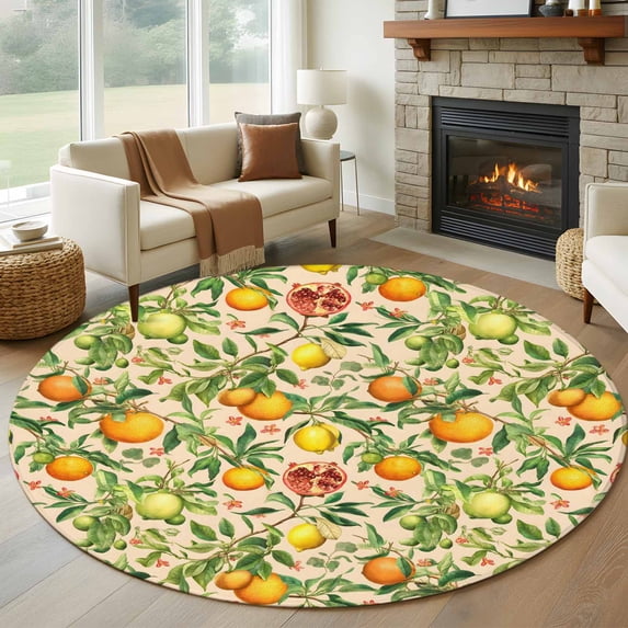 Round Rugs 7 Ft, Yellow Lemons Non Slip Area Rugs for Kitchen Bedroom Entryway, Summer Botanical Watercolor Orange Washable Carpet Runner Rug Floor Mats for Bedroom Home Decor