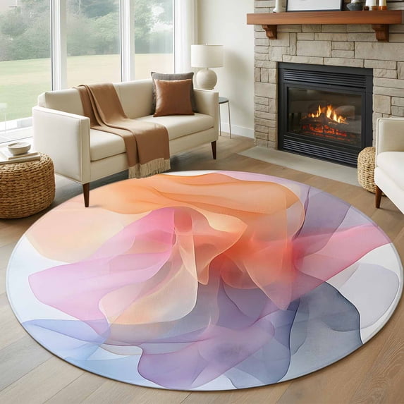 Round Rugs 7Ft, Abstract Art Round Area Rug Washable Indoor Throw Carpet, Wave Modern Art Purple Yellow Blue Large Non Slip Circle Rug for Dining Room Playroom Home Decor Aesthetic