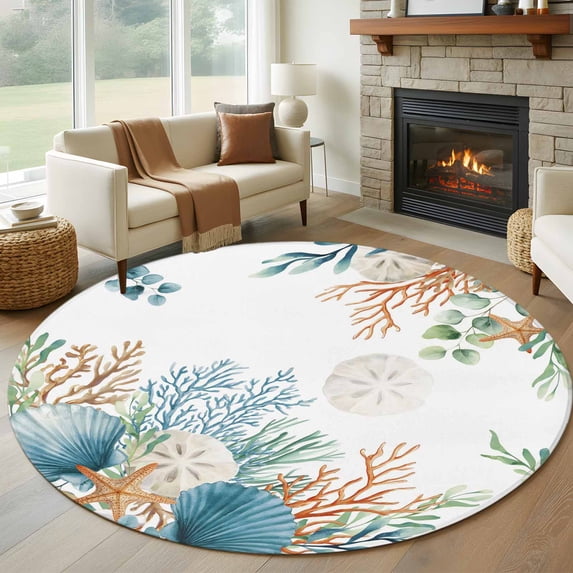 Round Rugs 7Ft, Beach Coastal Round Area Rug Washable Indoor Throw Carpet, Summer Nautical Coral Shell Botanical Large Non Slip Circle Rug for Dining Room Playroom Home Decor Aesthetic