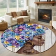 thumbnail image 1 of Round Rugs 7Ft, Black African Women Round Area Rug Washable Indoor Throw Carpet, Spring Floral Butterfly Retro Wooden Large Non Slip Circle Rug for Dining Room Playroom Home Decor Aesthetic, 1 of 8