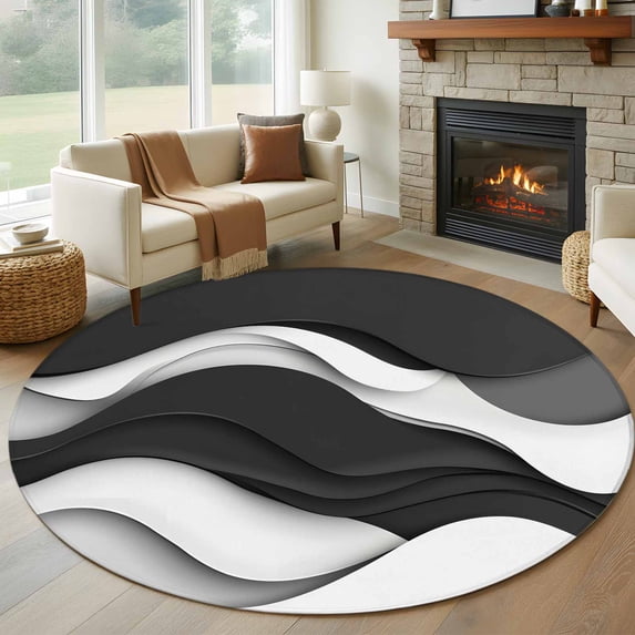 Round Rugs 7Ft, Black Grey Ombre Round Area Rug Washable Indoor Throw Carpet, Abstract Moire Art Modern Geometric Large Non Slip Circle Rug for Dining Room Playroom Home Decor Aesthetic