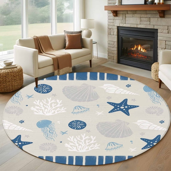 Round Rugs 7Ft, Blue Coastal Round Area Rug Washable Indoor Throw Carpet, Vintage Ocean Nautical Starfish Coral Striped Large Non Slip Circle Rug for Dining Room Playroom Home Decor Aesthetic