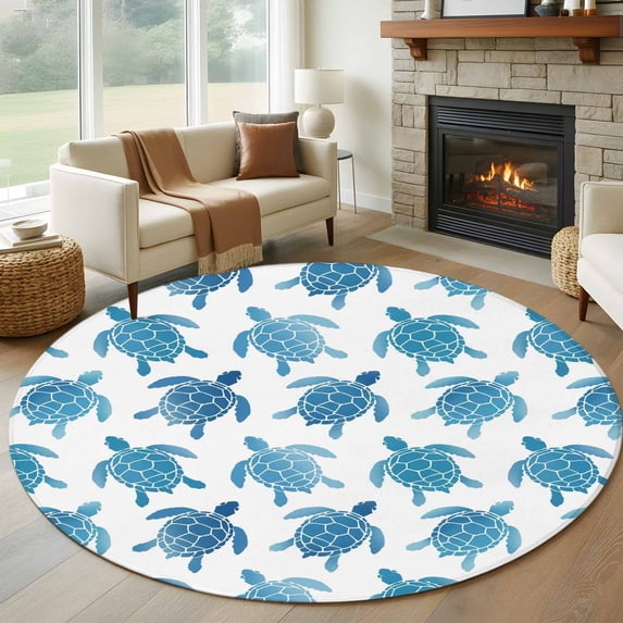 Round Rugs 7Ft, Blue Coastal Turtle Round Area Rug Washable Indoor Throw Carpet, Ocean Beach Nautical Marine Life Large Non Slip Circle Rug for Dining Room Playroom Home Decor Aesthetic