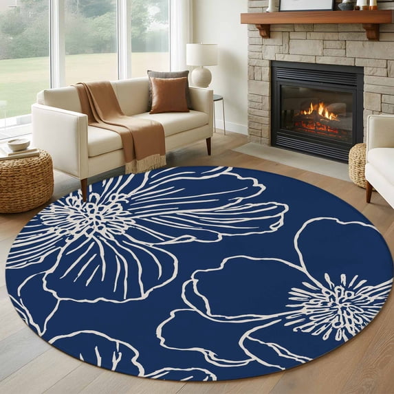Round Rugs 7Ft, Blue Flowers Round Area Rug Washable Indoor Throw Carpet, Spring Floral Botanical Modern Art Large Non Slip Circle Rug for Dining Room Playroom Home Decor Aesthetic