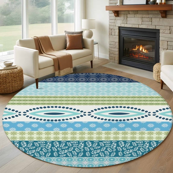 Round Rugs 7Ft, Blue Green Geometric Round Area Rug Washable Indoor Throw Carpet, Boho Vintage Country Flowers Leaves Large Non Slip Circle Rug for Dining Room Playroom Home Decor Aesthetic