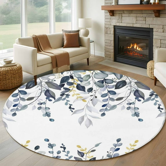 Round Rugs 7Ft, Blue Grey Eucalyptus Round Area Rug Washable Indoor Throw Carpet, Watercolor Spring Weeping Botanical Large Non Slip Circle Rug for Dining Room Playroom Home Decor Aesthetic