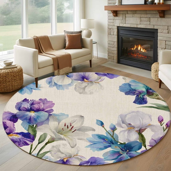 Round Rugs 7Ft, Blue Purple Flowers Round Area Rug Washable Indoor Throw Carpet, Spring Seasonal Botanical Florals Large Non Slip Circle Rug for Dining Room Playroom Home Decor Aesthetic