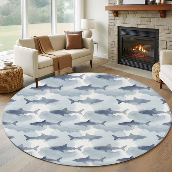 Round Rugs 7Ft, Blue Sharks Coastal Round Area Rug Washable Indoor Throw Carpet, Summer Beach Ocean Nautical Large Non Slip Circle Rug for Dining Room Playroom Home Decor Aesthetic