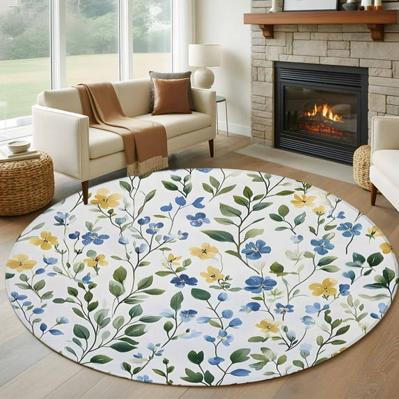 Round Rugs 7Ft, Blue Yellow Floral Spring Round Area Rug Washable Indoor Throw Carpet, Summer Pastoral Botanical Green Large Non Slip Circle Rug for Dining Room Playroom Home Decor Aesthetic