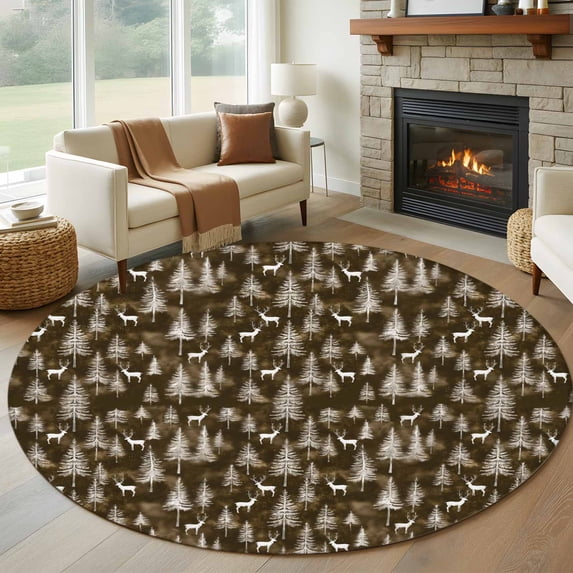 Round Rugs 7Ft, Brown Christmas Round Area Rug Washable Indoor Throw Carpet, Xmas Tree Elk Christmas Large Non Slip Circle Rug for Dining Room Playroom Home Decor Aesthetic
