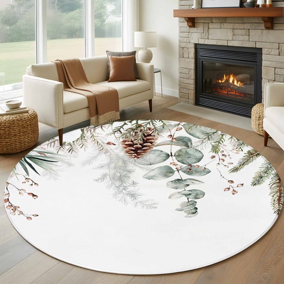 Round Rugs 7Ft, Christmas Botanical Round Area Rug Washable Indoor Throw Carpet, Eucalyptus Leaves Xmas Pinecone Cotton Large Non Slip Circle Rug for Dining Room Playroom Home Decor Aesthetic