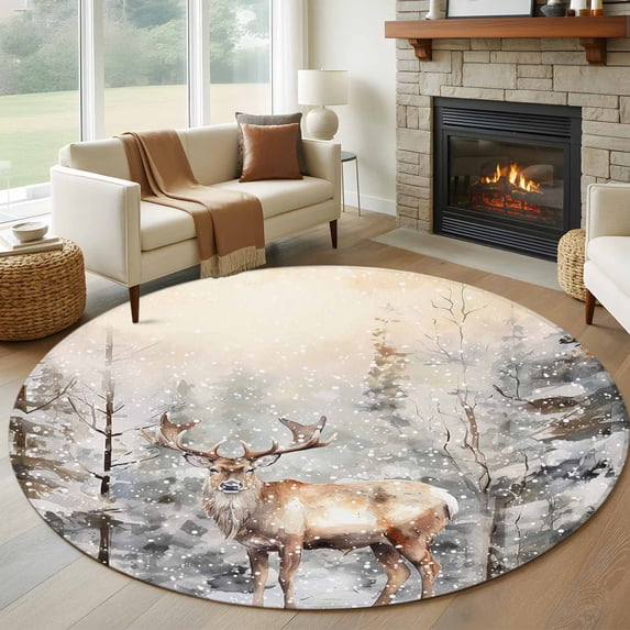 Round Rugs 7Ft, Christmas Elk Round Area Rug Washable Indoor Throw Carpet, Watercolor Winter Snowflake Xmas Forest Tree Deer Large Non Slip Circle Rug for Dining Room Playroom Home Decor Aesthetic