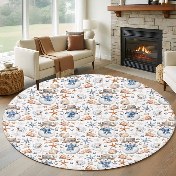 Round Rugs 7Ft, Coastal Christmas Round Area Rug Washable Indoor Throw Carpet, Xmas Snowman Shell Starfish Large Non Slip Circle Rug for Dining Room Playroom Home Decor Aesthetic
