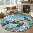 thumbnail image 1 of Round Rugs 7Ft, Coastal Sea Turtle Round Area Rug Washable Indoor Throw Carpet, Vintage Teal Nautical Beach Botanical Large Non Slip Circle Rug for Dining Room Playroom Home Decor Aesthetic, 1 of 8
