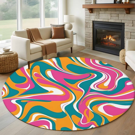 Round Rugs 7Ft, Colorful Moire Round Area Rug Washable Indoor Throw Carpet, Modern Abstract Art Geometric Large Non Slip Circle Rug for Dining Room Playroom Home Decor Aesthetic