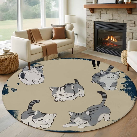 Round Rugs 7Ft, Cute Cat Round Area Rug Washable Indoor Throw Carpet, Navy Blue Beige Vintage Animal Large Non Slip Circle Rug for Dining Room Playroom Home Decor Aesthetic