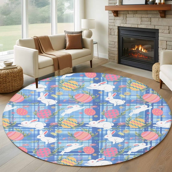 Round Rugs 7Ft, Easter Bunny Eggs Round Area Rug Washable Indoor Throw Carpet, Spring Leaves Daisy Flowers Blue Plaid Large Non Slip Circle Rug for Dining Room Playroom Home Decor Aesthetic