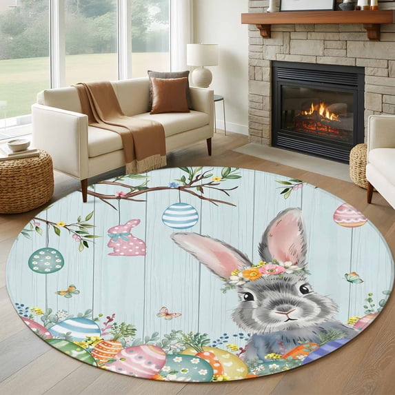 Round Rugs 7Ft, Easter Round Area Rug Washable Indoor Throw Carpet, Country Spring Botanical Eggs Trees Wooden Grain Large Non Slip Circle Rug for Dining Room Playroom Home Decor Aesthetic