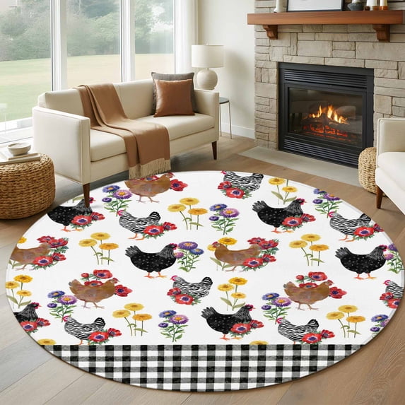 Round Rugs 7Ft, Farmhouse Rooster Round Area Rug Washable Indoor Throw Carpet, Country Watercolor Flowers Black Plaid Large Non Slip Circle Rug for Dining Room Playroom Home Decor Aesthetic