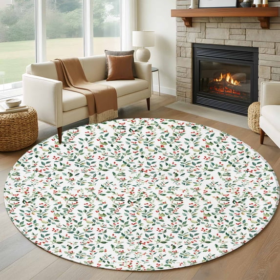Round Rugs 7Ft, Green Botanical Christmas Round Area Rug Washable Indoor Throw Carpet, Watercolor Xmas Berry Red Large Non Slip Circle Rug for Dining Room Playroom Home Decor Aesthetic
