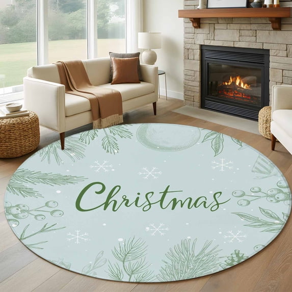Round Rugs 7Ft, Green Christmas Round Area Rug Washable Indoor Throw Carpet, Botanical Xmas Snowflake Large Non Slip Circle Rug for Dining Room Playroom Home Decor Aesthetic