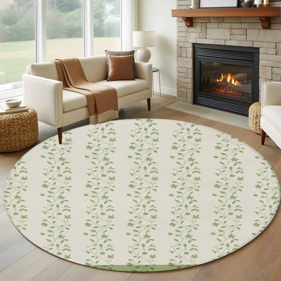 Round Rugs 7Ft, Green Floral Round Area Rug Washable Indoor Throw Carpet, Spring Flowers Large Non Slip Circle Rug for Dining Room Playroom Home Decor Aesthetic