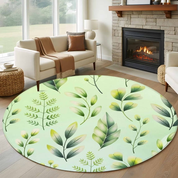 Round Rugs 7Ft, Green Leaves Round Area Rug Washable Indoor Throw Carpet, Summer Botanical Farmhouse Leaf Large Non Slip Circle Rug for Dining Room Playroom Home Decor Aesthetic