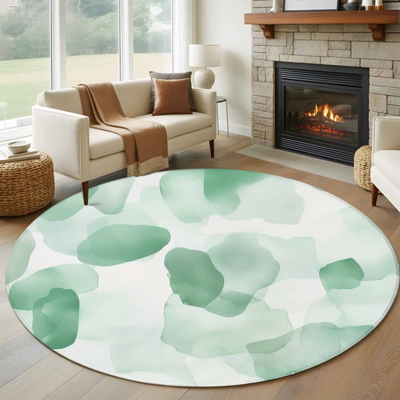 Round Rugs 7Ft, Green Round Area Rug Washable Indoor Throw Carpet, Watercolor Abstract Geometric Art Large Non Slip Circle Rug for Dining Room Playroom Home Decor Aesthetic