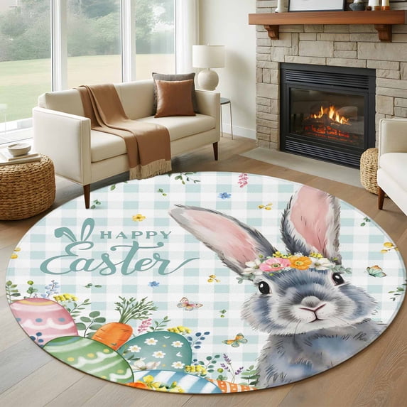 Round Rugs 7Ft, Happy Easter Round Area Rug Washable Indoor Throw Carpet, Spring Bunny Easter Eggs Floral Teal Plaid Large Non Slip Circle Rug for Dining Room Playroom Home Decor Aesthetic