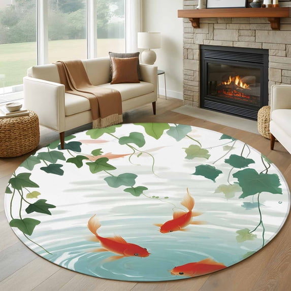 Round Rugs 7Ft, Japanese Carp Fish Round Area Rug Washable Indoor Throw Carpet, Oriental Art Rustic Leaves Vines Koi Fish Large Non Slip Circle Rug for Dining Room Playroom Home Decor Aesthetic