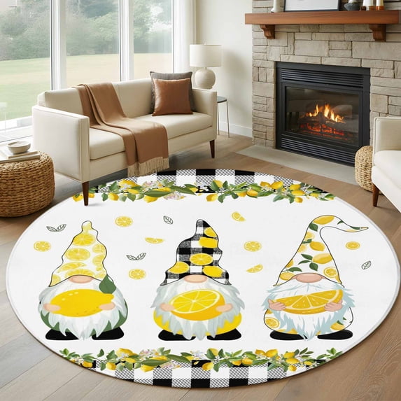 Round Rugs 7Ft, Lemon Gnomes Round Area Rug Washable Indoor Throw Carpet, Farmhouse Botanical Fruits Black Plaid Large Non Slip Circle Rug for Dining Room Playroom Home Decor Aesthetic