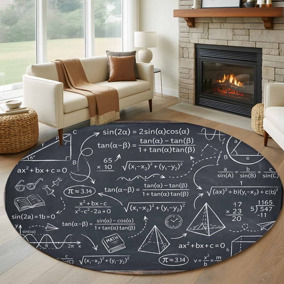 Round Rugs 7Ft, Mathematics Equations Round Area Rug Washable Indoor Throw Carpet, Blackboard Math Numerical Geometric Large Non Slip Circle Rug for Dining Room Playroom Home Decor Aesthetic