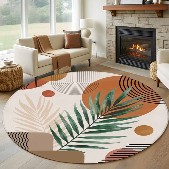 Round Rugs 7Ft, Middle Century Round Area Rug Washable Indoor Throw Carpet, Orange Brown Boho Abstract Geometric Large Non Slip Circle Rug for Dining Room Playroom Home Decor Aesthetic