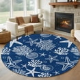 thumbnail image 1 of Round Rugs 7Ft, Navy Blue Coastal Round Area Rug Washable Indoor Throw Carpet, Nautical Beach Starfish Coral Summer Large Non Slip Circle Rug for Dining Room Playroom Home Decor Aesthetic, 1 of 8