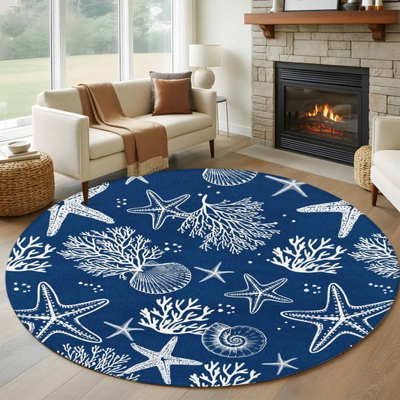 Round Rugs 7Ft, Navy Blue Coastal Round Area Rug Washable Indoor Throw Carpet, Nautical Beach Starfish Coral Summer Large Non Slip Circle Rug for Dining Room Playroom Home Decor Aesthetic