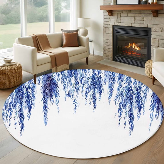 Round Rugs 7Ft, Navy Blue Round Area Rug Washable Indoor Throw Carpet, Summer Botanical Leaves Watercolor Large Non Slip Circle Rug for Dining Room Playroom Home Decor Aesthetic