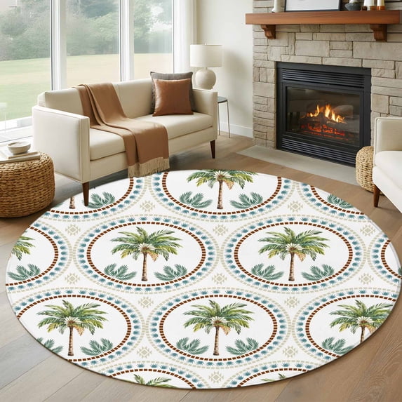 Round Rugs 7Ft, Palm Trees Round Area Rug Washable Indoor Throw Carpet, Green Summer Botanical Watercolor Large Non Slip Circle Rug for Dining Room Playroom Home Decor Aesthetic