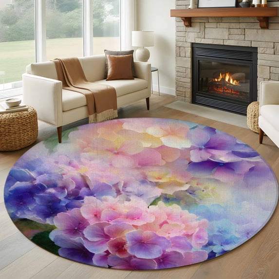 Round Rugs 7Ft, Pink Purple Floral Round Area Rug Washable Indoor Throw Carpet, Spring Hydrangea Flower Vintage Botanical Large Non Slip Circle Rug for Dining Room Playroom Home Decor Aesthetic