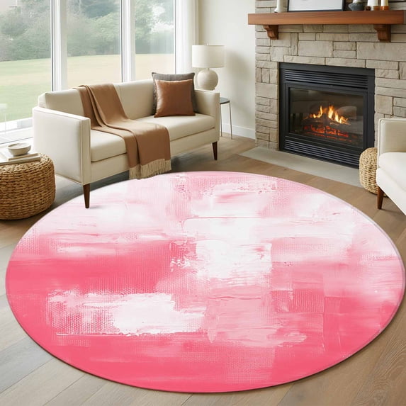 Round Rugs 7Ft, Pink Round Area Rug Washable Indoor Throw Carpet, Modern White Oil Painting Art Abstract Large Non Slip Circle Rug for Dining Room Playroom Home Decor Aesthetic