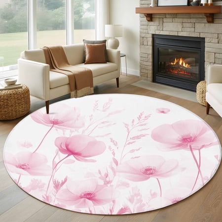 Round Rugs 7Ft, Pink Spring Floral Round Area Rug Washable Indoor Throw Carpet, Summer Botanical Watercolor Vintage Large Non Slip Circle Rug for Dining Room Playroom Home Decor Aesthetic