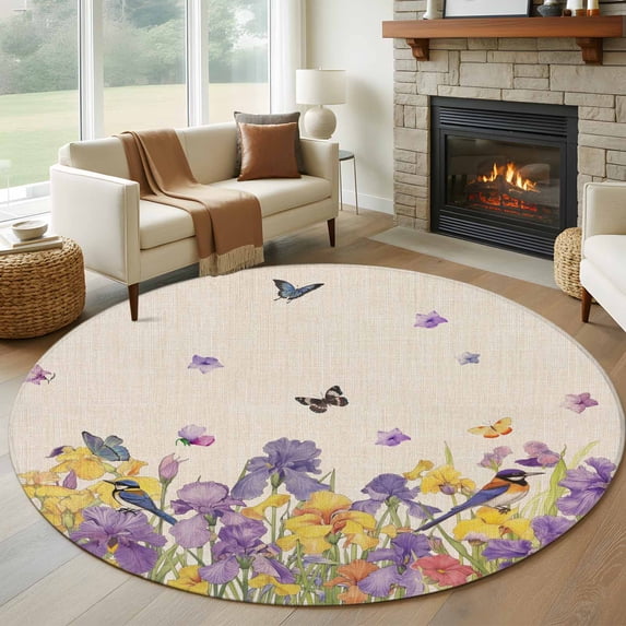 Round Rugs 7Ft, Purple Yellow Spring Floral Round Area Rug Washable Indoor Throw Carpet, Summer Botanical Birds Rustic Large Non Slip Circle Rug for Dining Room Playroom Home Decor Aesthetic