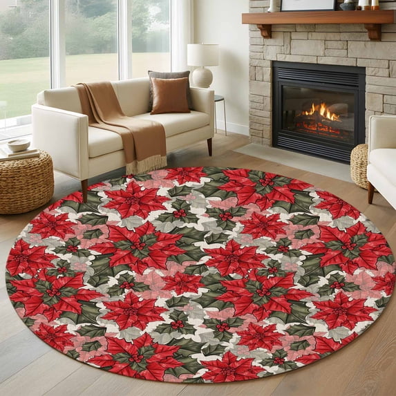 Round Rugs 7Ft, Red Floral Christmas Round Area Rug Washable Indoor Throw Carpet, Xmas Floral Botanical Rustic Large Non Slip Circle Rug for Dining Room Playroom Home Decor Aesthetic